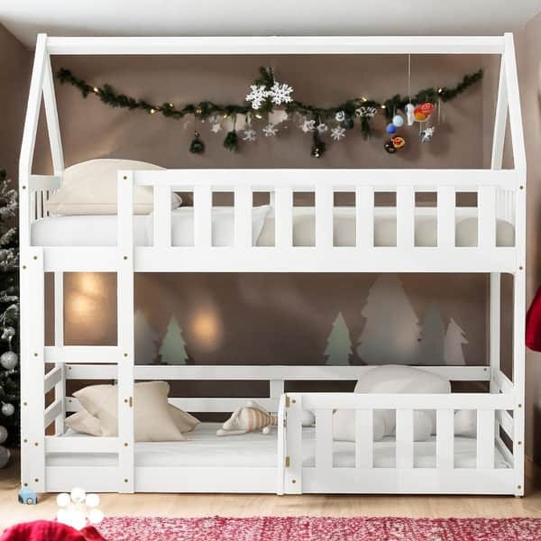 slide 2 of 18, Modern Twin over Twin House-Shaped Bunk Bed with Fence and Door,Sturdy Construction White