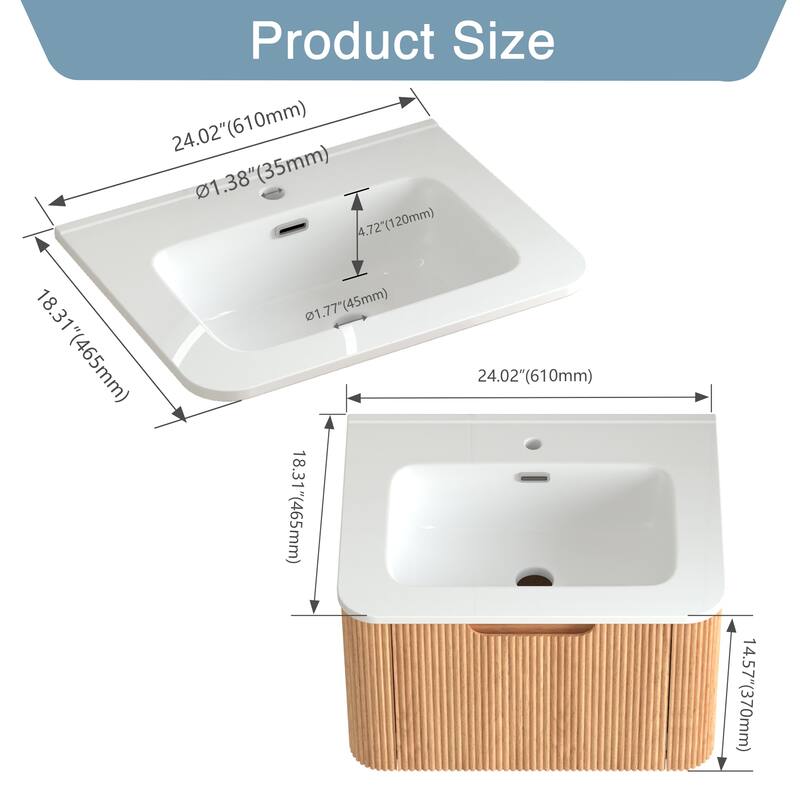 GDF Studio - Verona Floating Bathroom Vanity with Curved Edge Storage & Ceramic Basin without Faucet