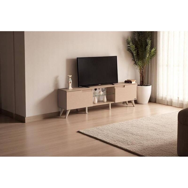 Dannie Modern TV Stand with 2 Doors Storage Cabinets 1 Glass Shelf, Wood Finish, Living Room Entertainment Center - Beige