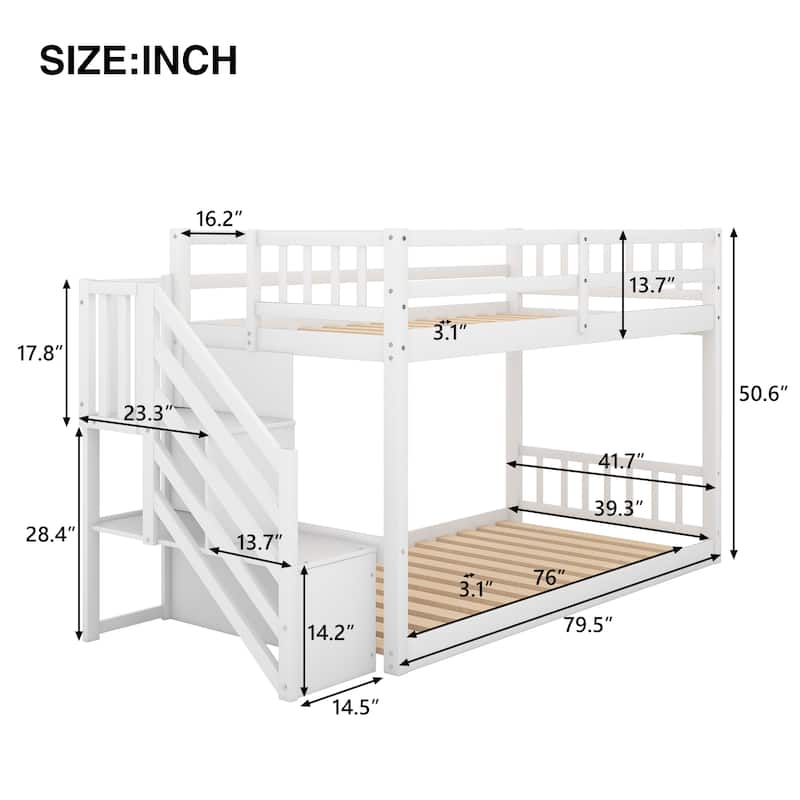 Low Bunk Beds with Stairs and Storages for Teens Twin Over Twin Bunk