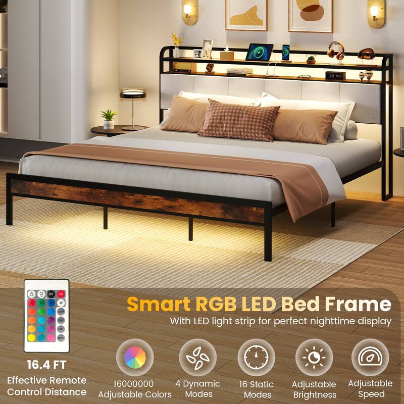 Gymax King Size Bed Frame w/LED Light & Charging Station Heavy Duty