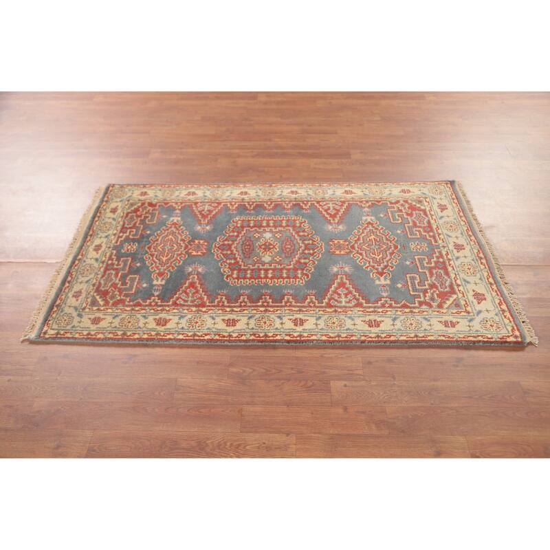Gray Geometric Kazak Accent Rug Hand-Knotted Oriental Wool Carpet - 2'11"x 5'1"