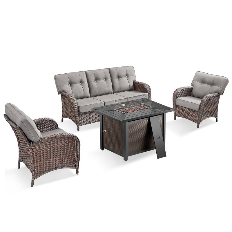 Pocassy Outdoor 43 In Fire Table with Sofa Patio Chair Set