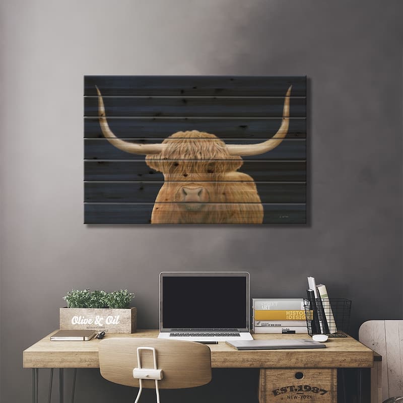 Highland Cow Navy Print On Wood by James Wiens - Multi-Color