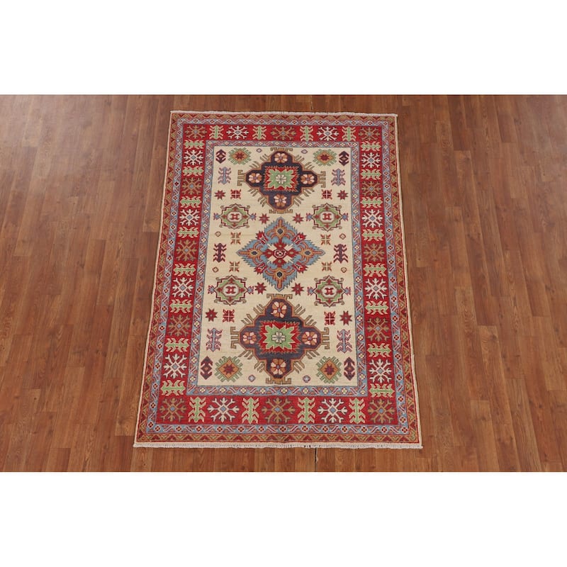 Traditional Kazak Area Rug Handmade Beige Geometric Wool Carpet - 3'11" x 5'11"