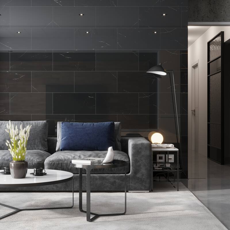 Apollo tile 12 x 24 Grandis Polished Nero Eastern Black Marble Tile (10 sq ft/case) - 5 Pack - Black