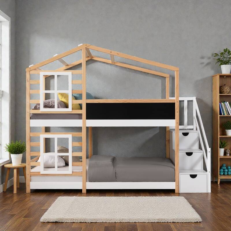 Full over Full / Twin over Twin House Bunk Bed with Roof, Windows, Blackboard, Storage Stairs, Solid Wood Frame - White Natural - Twin