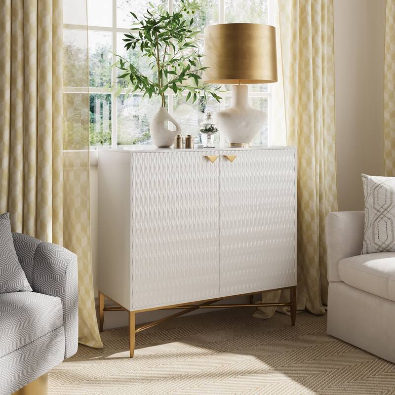 Accent Cabinet with Raised Diamond Pattern, Storage Cabinet with Brass X-Tapered Legs, Buffet with Adjustable Shelves