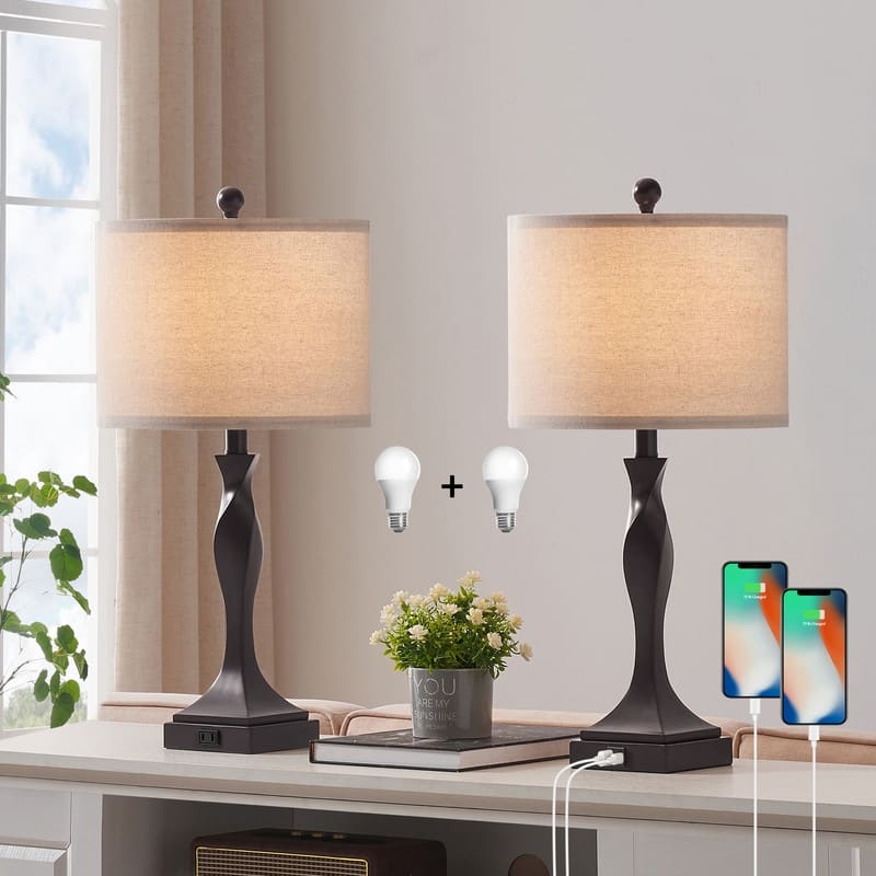 KAWOTI 25.62" Table Lamp Set with USB Ports Bulbs Set of 2