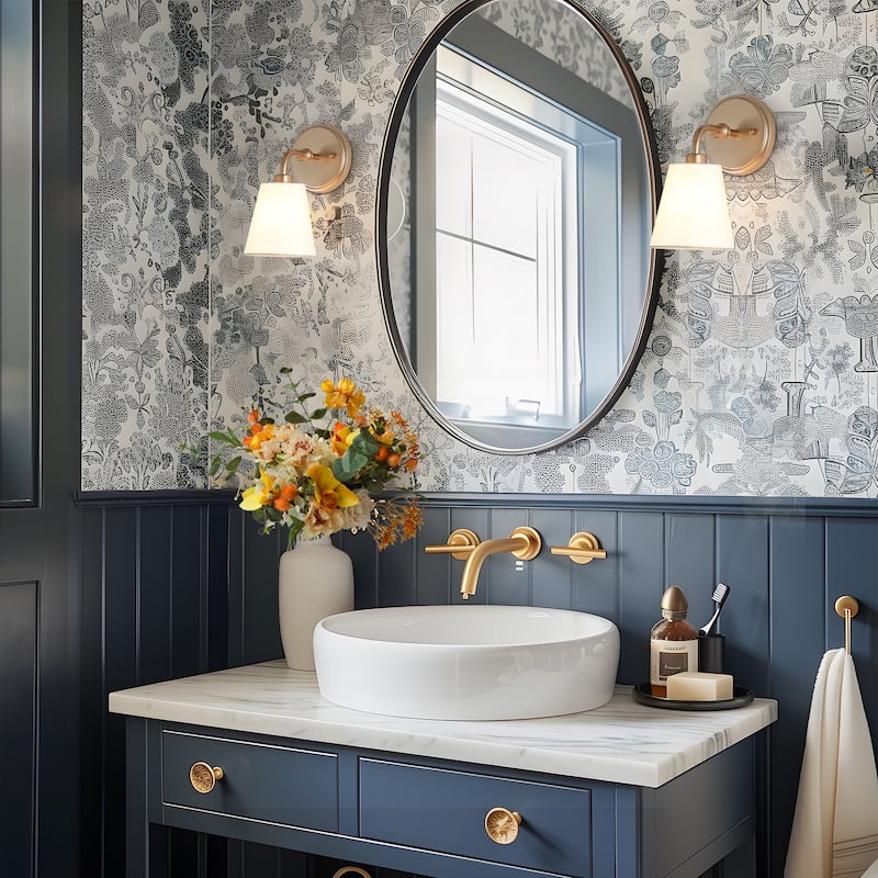 Fabrey Mid-century Modern Glam 1-light Fabric Shade Armed Wall Sconce Bathroom Vanity Light