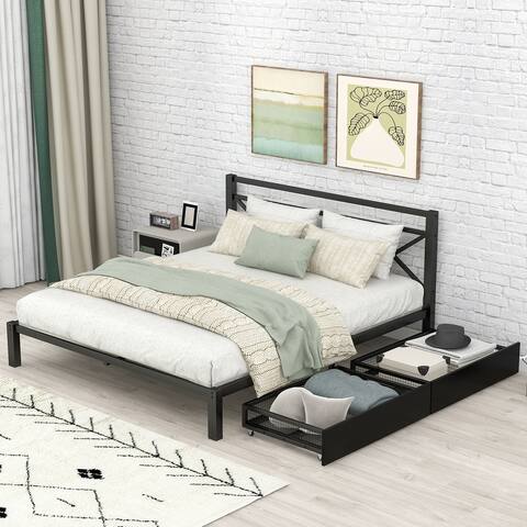 Queen Modern Metal Platform Bed with 2 Drawers, Sturdy Metal BedFrame with Headboard, Ergonomically Designed/No Spring Box Neede