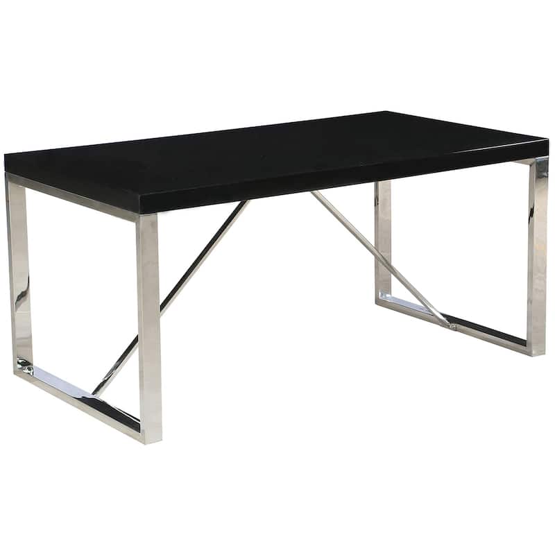 Modern Mid Century Black Glossy Paint Wood top Silver Chrome Steel Leg Base Rectangle Dining