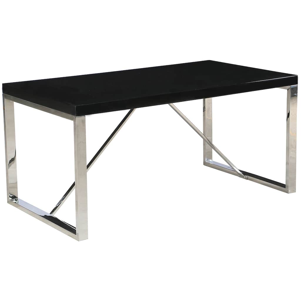 Modern Mid Century Black Glossy Paint Wood top Silver Chrome Steel Leg Base Rectangle Dining
