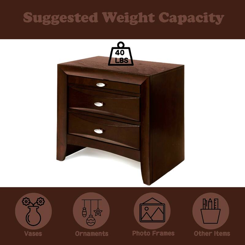 Espresso Finish Nightstand with Spacious Drawers and Top Tray