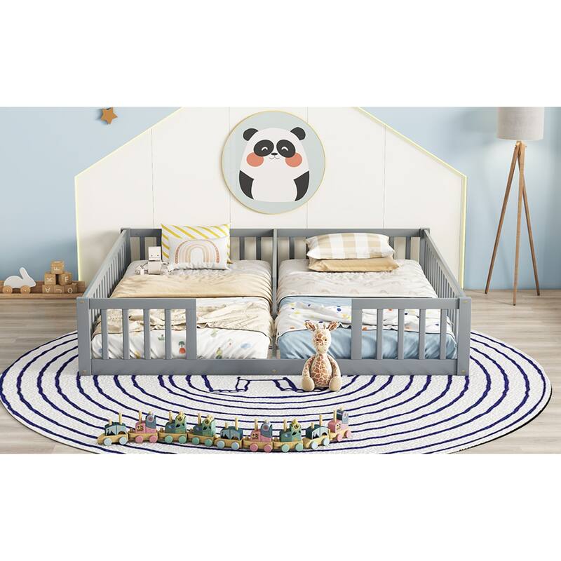 Roomfitters Double Twin Floor Bed Frame with Fence and Guardrails, Low Profile Shared Platform Bed, No Door Design