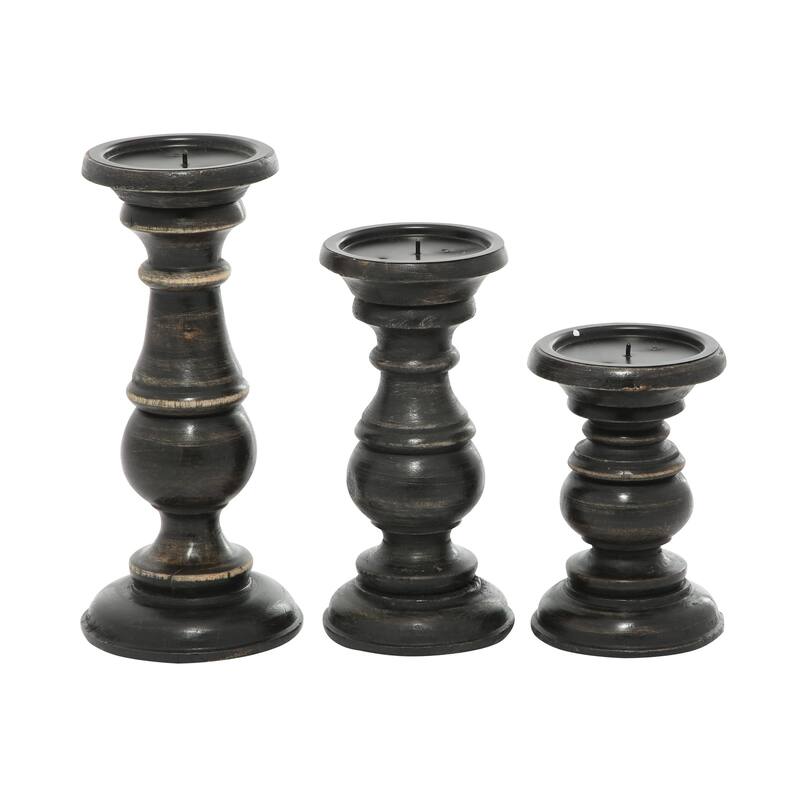 Mango Wood Distressed Turned Pillar Decorative Candle Holder - Set of 3 - Roche River Decor