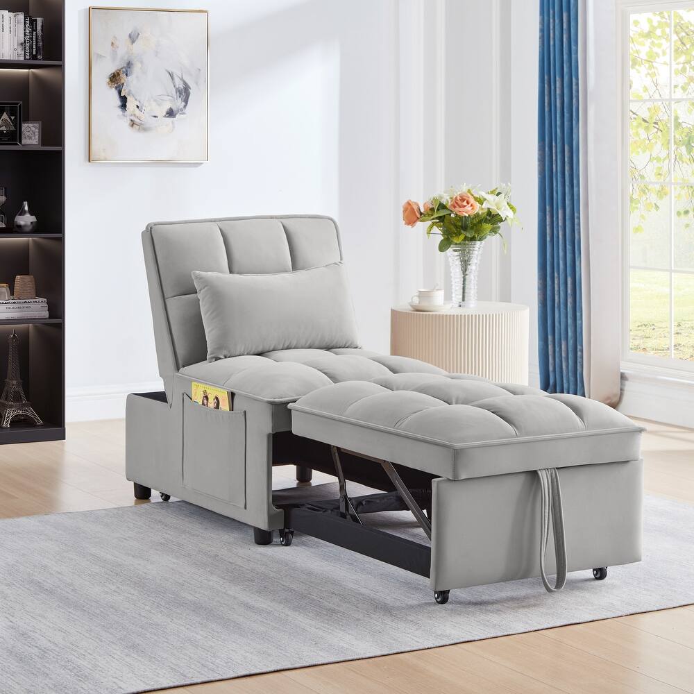 Gray 68.5" Velvet Single Folding Sofa Bed with Adjustable Backrest and Pillows for Living Room