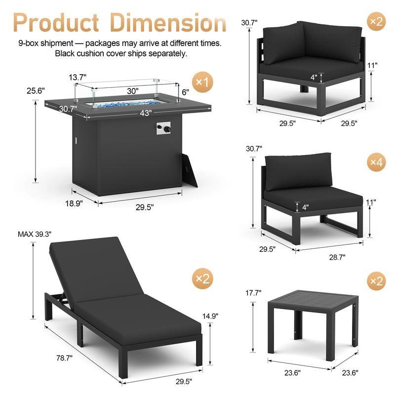 11-Piece Luxury Aluminum Outdoor Furniture Set with Chaise Lounge & Fire Pit Table, 29" Deep Seating Aluminum Patio Sectional