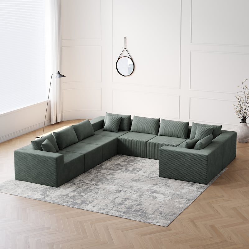 Roomfitters 188" Minimalist Corduroy Modular L-Shaped Sectional Sofa, Free Combination Floor Couch with Pillows - Army Green
