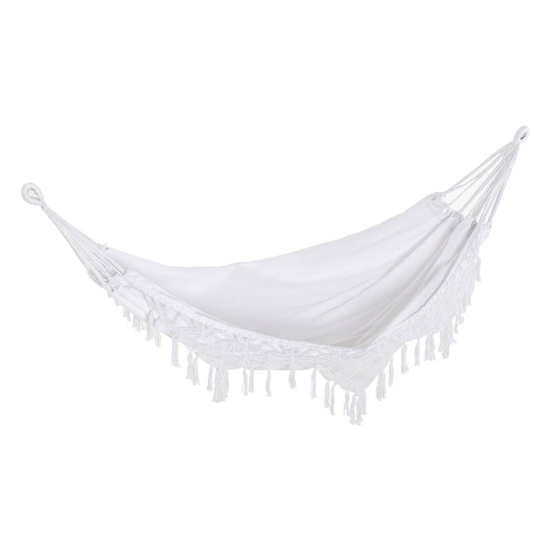 Outsunny Brazilian Style Hammock Extra Large Cotton Hanging Camping Bed with Carrying Bag, for Patio Backyard Poolside, White