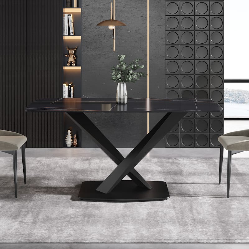 63" Modern Rectangular Sintered Stone Dining Table with Black X-Shaped Carbon Steel Legs