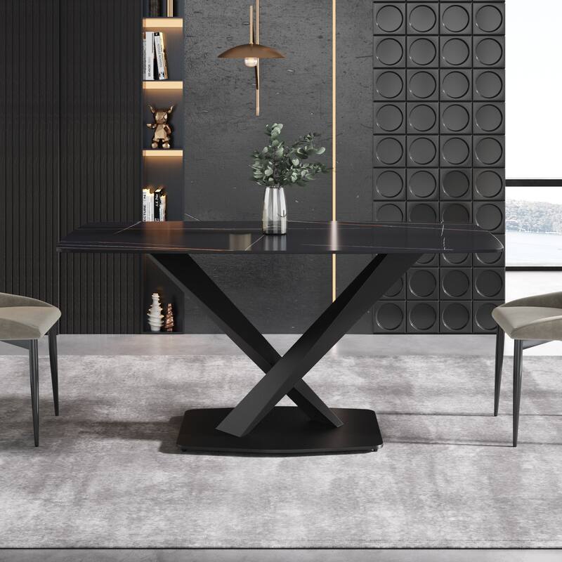 63'' Modern Dining Table，Sintered Stone Tabletop with Black Base