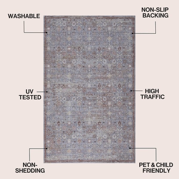 dimension image slide 3 of 13, Petunia Distressed All-Over Floral Border Non-Slip Machine-Washable Rug