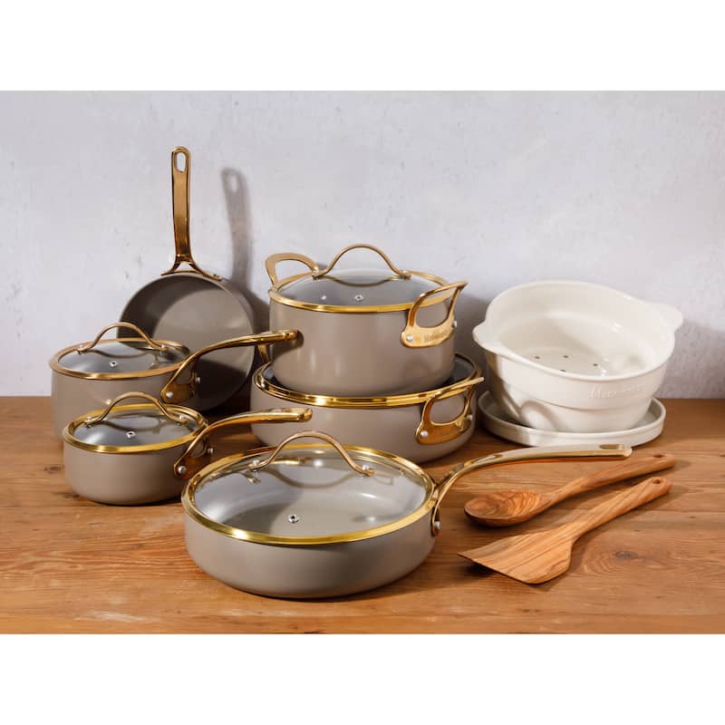 Bloomhouse Pots and Pans Heavy Duty Aluminum Premium PFA Free Ceramic Nonstick - Cappucino Cream with Gold Handle