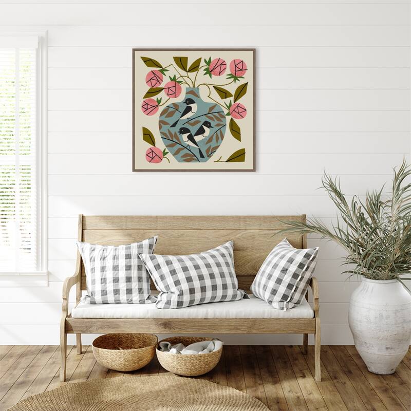 Three Bird Rose Vase by Renea l. Thull Framed Canvas Wall Art Print