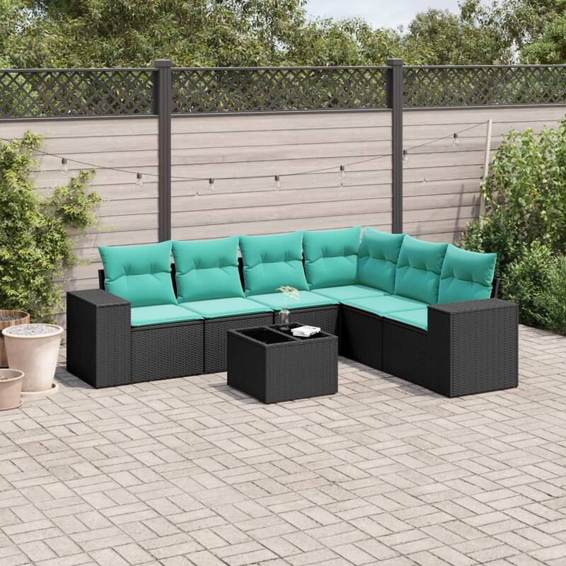 vidaXL 6/7 Piece Patio Sofa Set with Cushions Black/Brown/Gray Poly Rattan - 24.4 x 24.4 x 27.2 - Black and blue With table