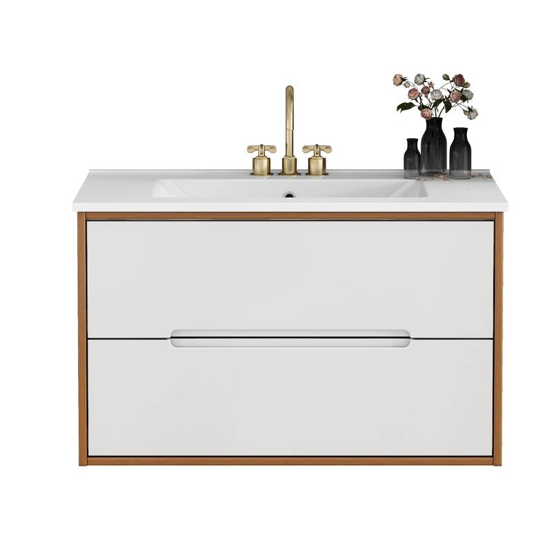 32 Inch Floating Bathroom Vanity with Sink & Double Drawers, Wall-Mounted Bathroom Vanity Base with Ceramic Basin