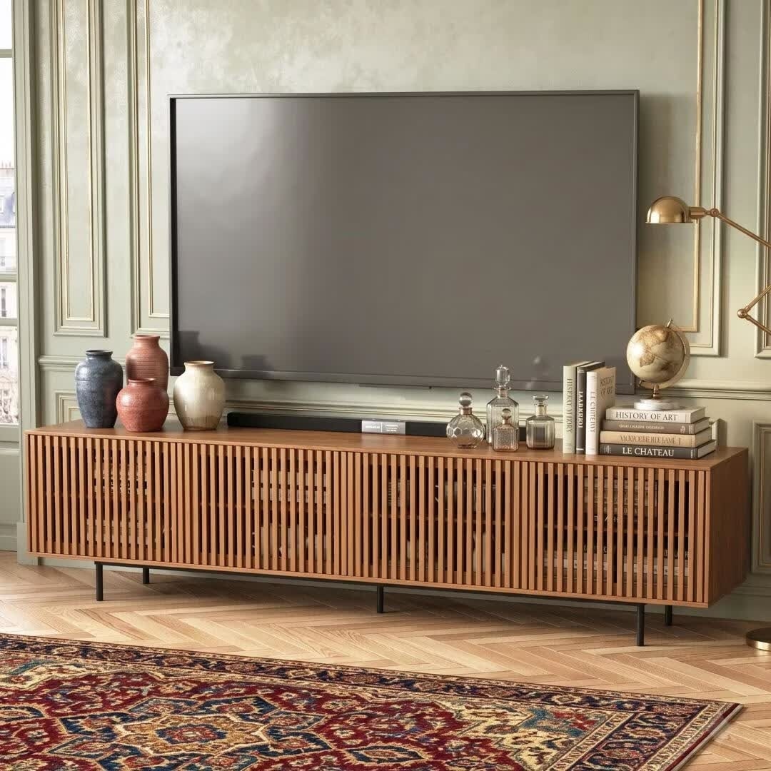 86.6 Inch Walnut Slatted TV Stand for TVs Up to 90 Inch with 4 Doors