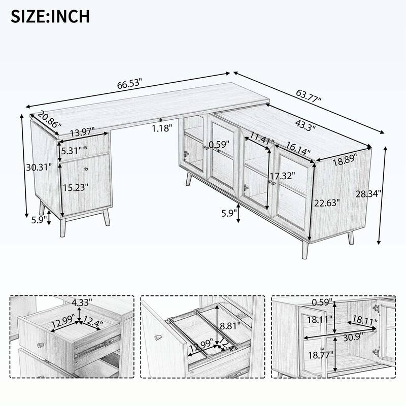 Modern L-shaped Executive Desk with delicate tempered glass Cabinet Storage