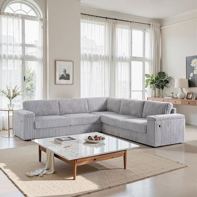 109.5" L-Shaped Sectional Sofa, Modular Corduroy Couches for Living Room, 5 Piece, Light Gray