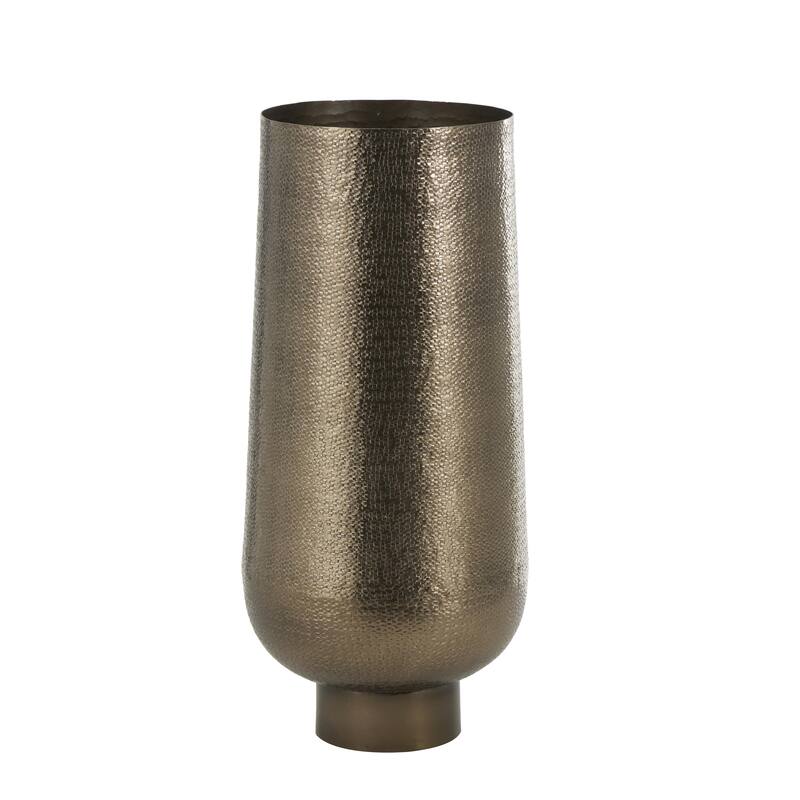 Brass Aluminum Metal Textured Wide Floor Geometric Decorative Vase with Elevated Base