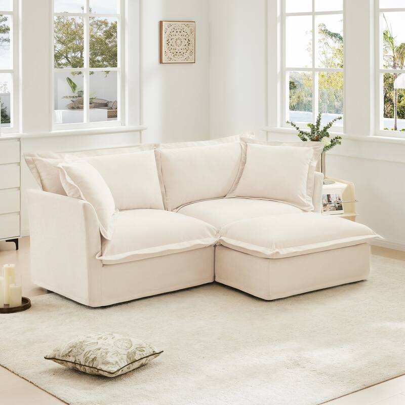 Modern 2 Seater Upholstered Sofa with 1 Ottoman and 2 Pillows