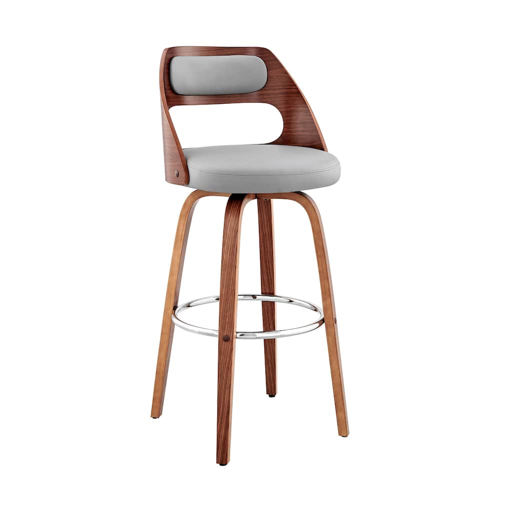 Rustic Counter Height Swivel Bar Stool with Grey Faux Leather Upholstered Seat and Wooden Frame, Stylish Kitchen Stool