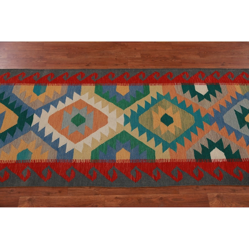 Hand Woven Oriental 100% Wool Carpet Southwestern Geometric Multi-Colored Kilim Runner Rug - 16' 8'' X 2' 9''
