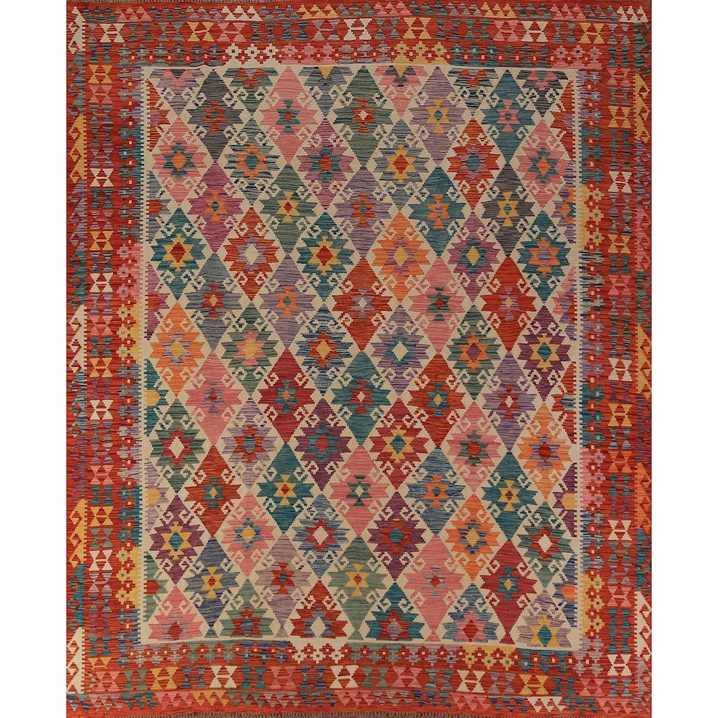 All-Over Geometric Kilim Oriental Area Rug Flatweave Wool Carpet - 8'7"x 9'4"