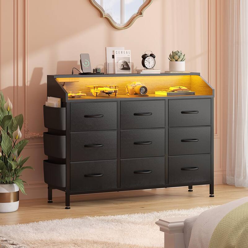 Dresser for Bedroom 9 Fabric Drawers Chest with Power Outlet LED Light - Black PU - 9-drawer