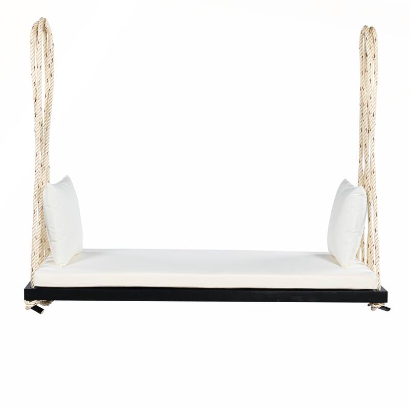 Patio Wooden Hanging Porch Swing Bench with Cushion and Pillows for Garden and Backyard