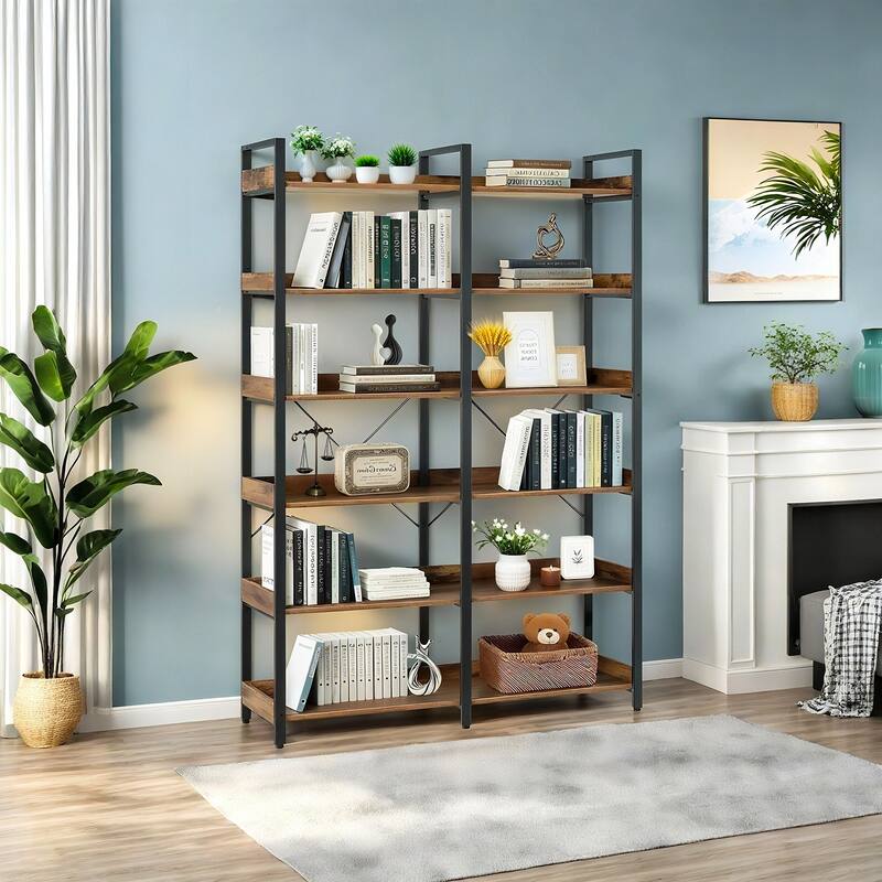 6-Tier Industrial Bookshelf, 67" Wooden Bookshelf with Open Shelves, Freestanding Metal Frame Bookcase, Modern Book Shelves