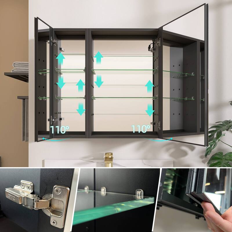 ZEAFIVE LED Black Bathroom Medicine Cabinet Surface Mount Defog Medicine Cabinet 3 Lights Dimmable