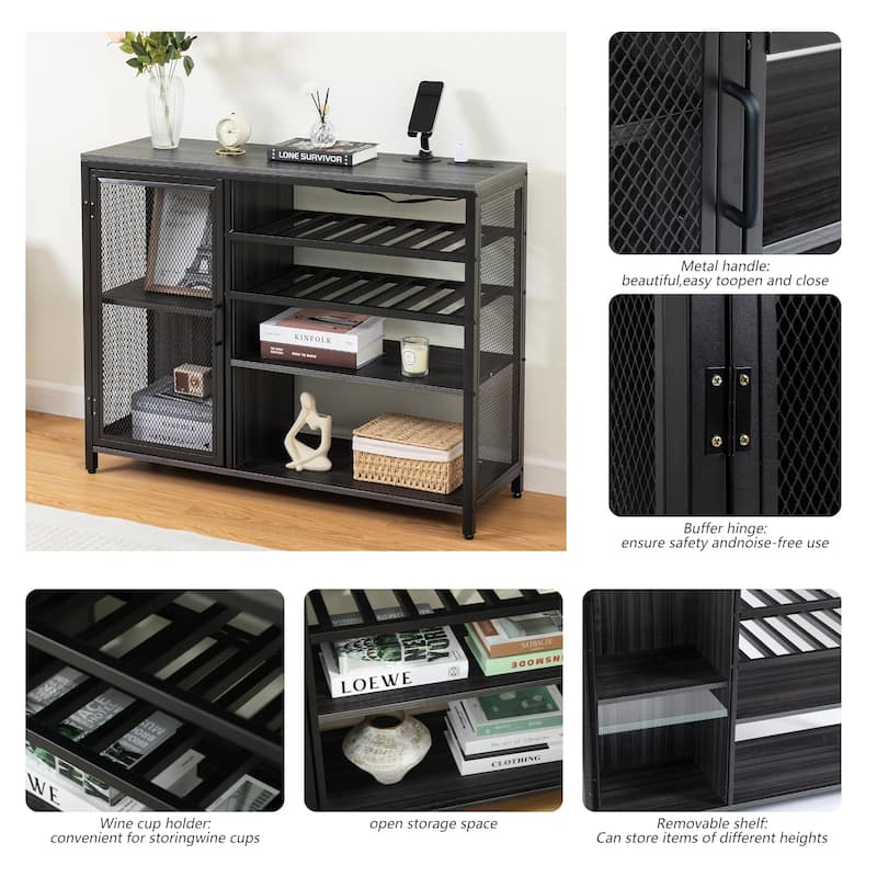 Modern Bar Sideboard Buffet Storage Cabinet with LED Lights and USB Socket, Black Wine Bar Cabinet - 43.31In*13.78in*32.87in
