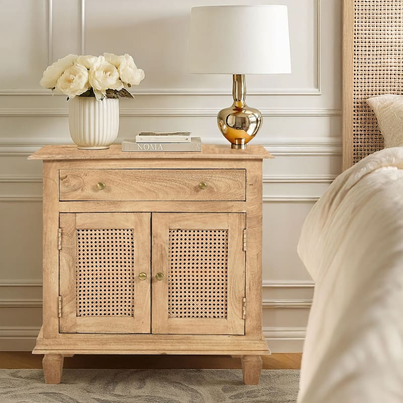 30 Inch Nightstand Table, Rattan Cabinet Doors and Drawer Fronts, Sandblasted Brown Mango Wood