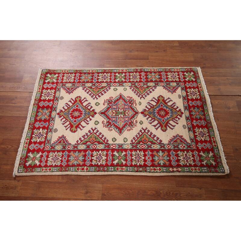 Ivory Kazak Oriental Accent Rug Hand-Knotted Wool Carpet - 2'7" x 3'11"