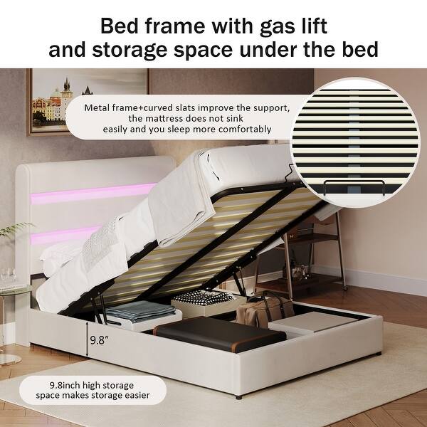 slide 2 of 24, Gray Velvet Full Upholstered Storage Bed with RGB LED Headboard Beige