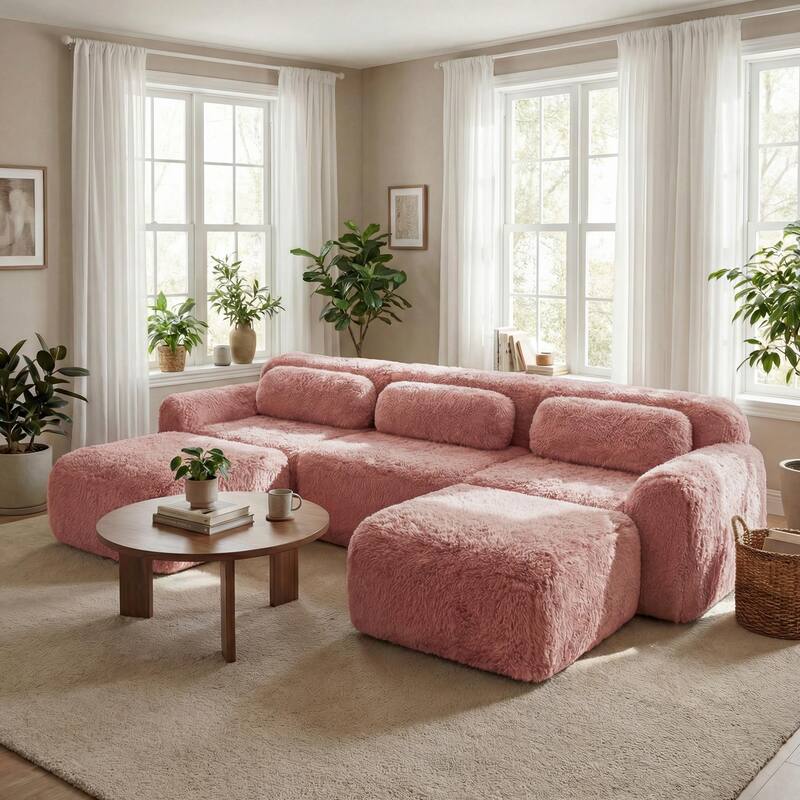 Homy Casa Pink Plush Modular Sectional Sofa Set Soft Cloud Floor Couch