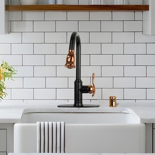 Two-Tone Matte Black & Rose Gold Kitchen Faucet with Deck Plate, Single Level Handle and Pull Down Sprayer