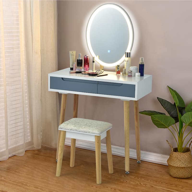 Gymax Makeup Vanity Dressing Table Set w/ Touch Screen Padded Stool